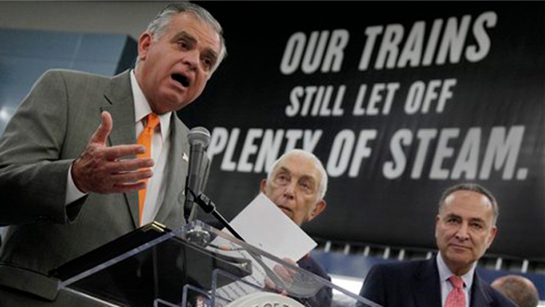 FILE -Transportation Secretary Ray LaHood, left, is joined by Sen. Frank Lautenberg, D-N.J., center, and Sen. Charles Schumer, D-N.Y., at an announcement in New York's Pennsylvania Station about rail funding.