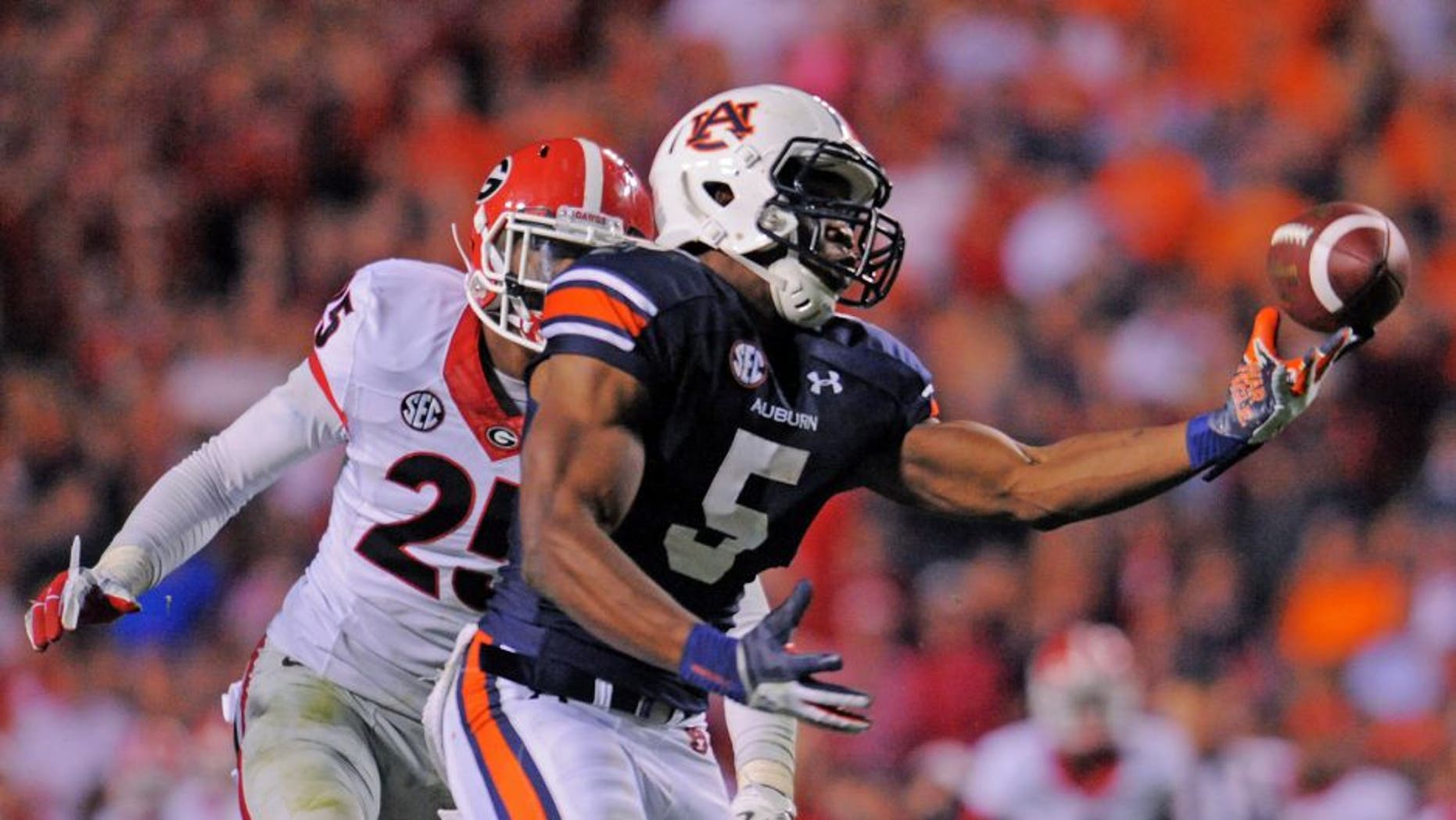 Nov 16, 2013; Auburn, AL, USA; Auburn Tigers wide receiver Ricardo Louis (5) scores the game-winning touchdown against the Georgia Bulldogs at Jordan Hare Stadium. The Tigers defeated the Bulldogs 43-38. Mandatory Credit: Shanna Lockwood-USA TODAY Sports