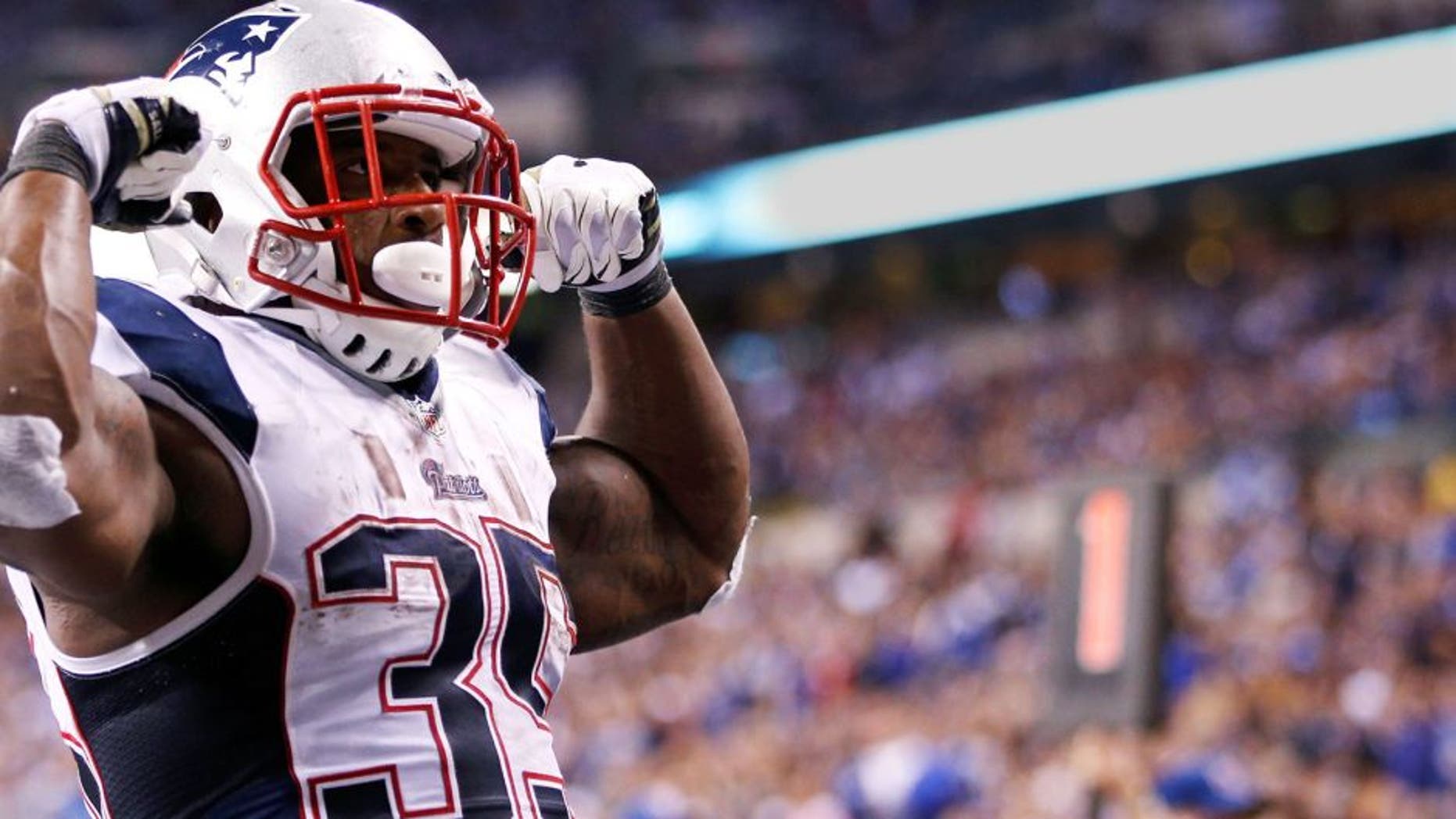 Jonas Gray #35 of the New England Patriots celebrates scoring his fourth touchdown against the Indianapolis Colts during the fourth quarter of the game at Lucas Oil Stadium on November 16, 2014 in Indianapolis, Indiana. (Photo by Joe Robbins/Getty Images)