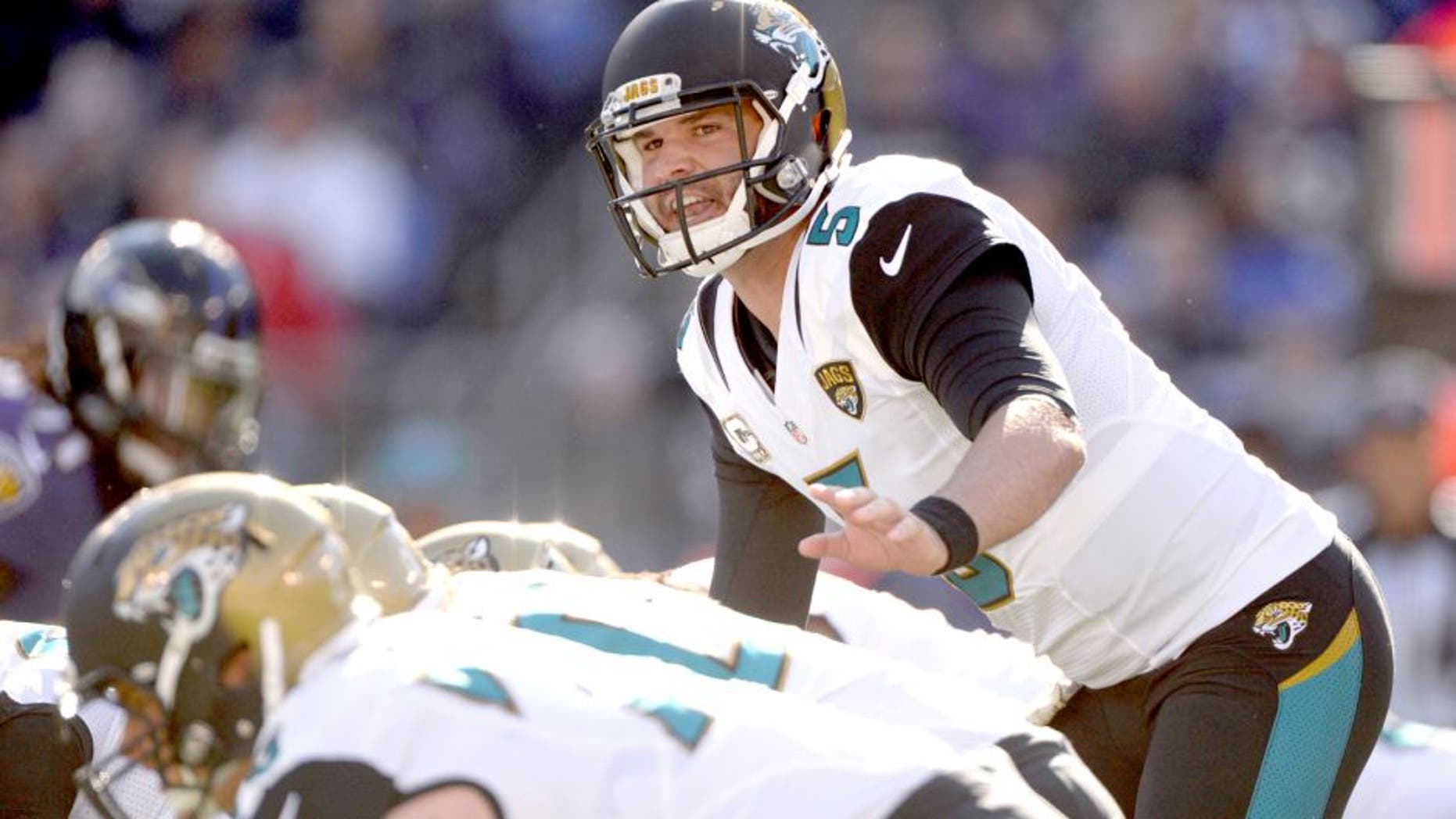 Nov 15, 2015; Baltimore, MD, USA; Jacksonville Jaguars quarterback Blake Bortles (5) calls a play at the line during the first quarter against the Baltimore Ravens at M&T Bank Stadium. Mandatory Credit: Tommy Gilligan-USA TODAY Sports