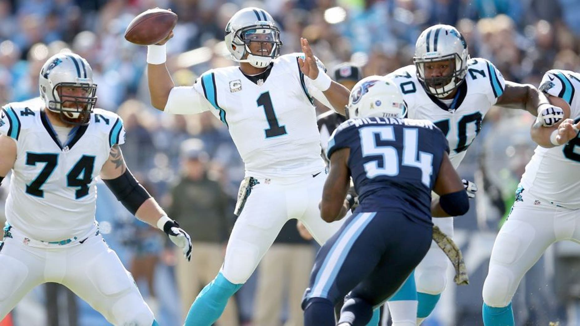 NASHVILLE, TN - NOVEMBER 15: Cam Newton #1 of the Carolina Panthers throws a pass during the first quarter against the Tennessee Titans at LP Field on November 15, 2015 in Nashville, Tennessee. (Photo by Andy Lyons/Getty Images)