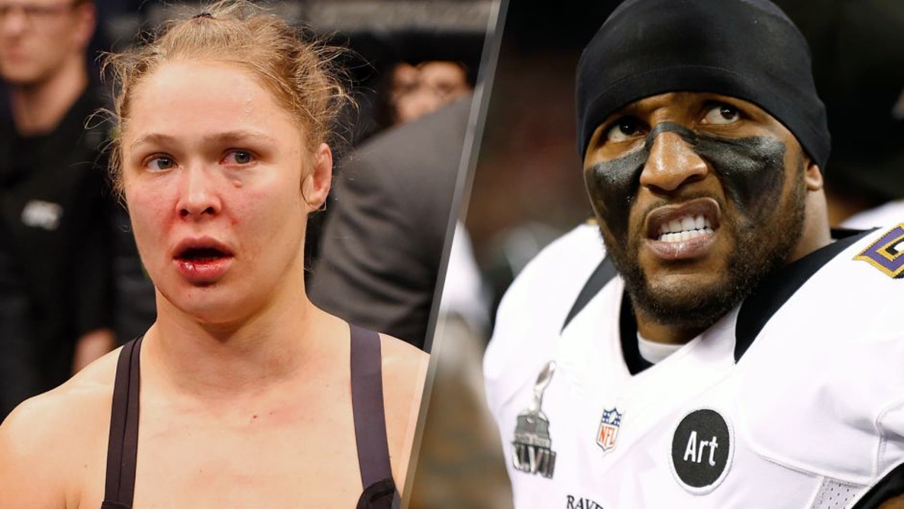 MELBOURNE, AUSTRALIA - NOVEMBER 15: Ronda Rousey looks on after losing her championship title by KO (head kick and punches) to Holly Holm (not pictured) in two rounds of their UFC women's bantamweight championship bout during the UFC 193 event at Etihad Stadium on November 15, 2015 in Melbourne, Australia. (Photo by Josh Hedges/Zuffa LLC/Zuffa LLC via Getty Images) NEW ORLEANS, LA - FEBRUARY 03: Ray Lewis #52 of the Baltimore Ravens looks on against the San Francisco 49ers during Super Bowl XLVII at the Mercedes-Benz Superdome on February 3, 2013 in New Orleans, Louisiana. (Photo by Chris Graythen/Getty Images)