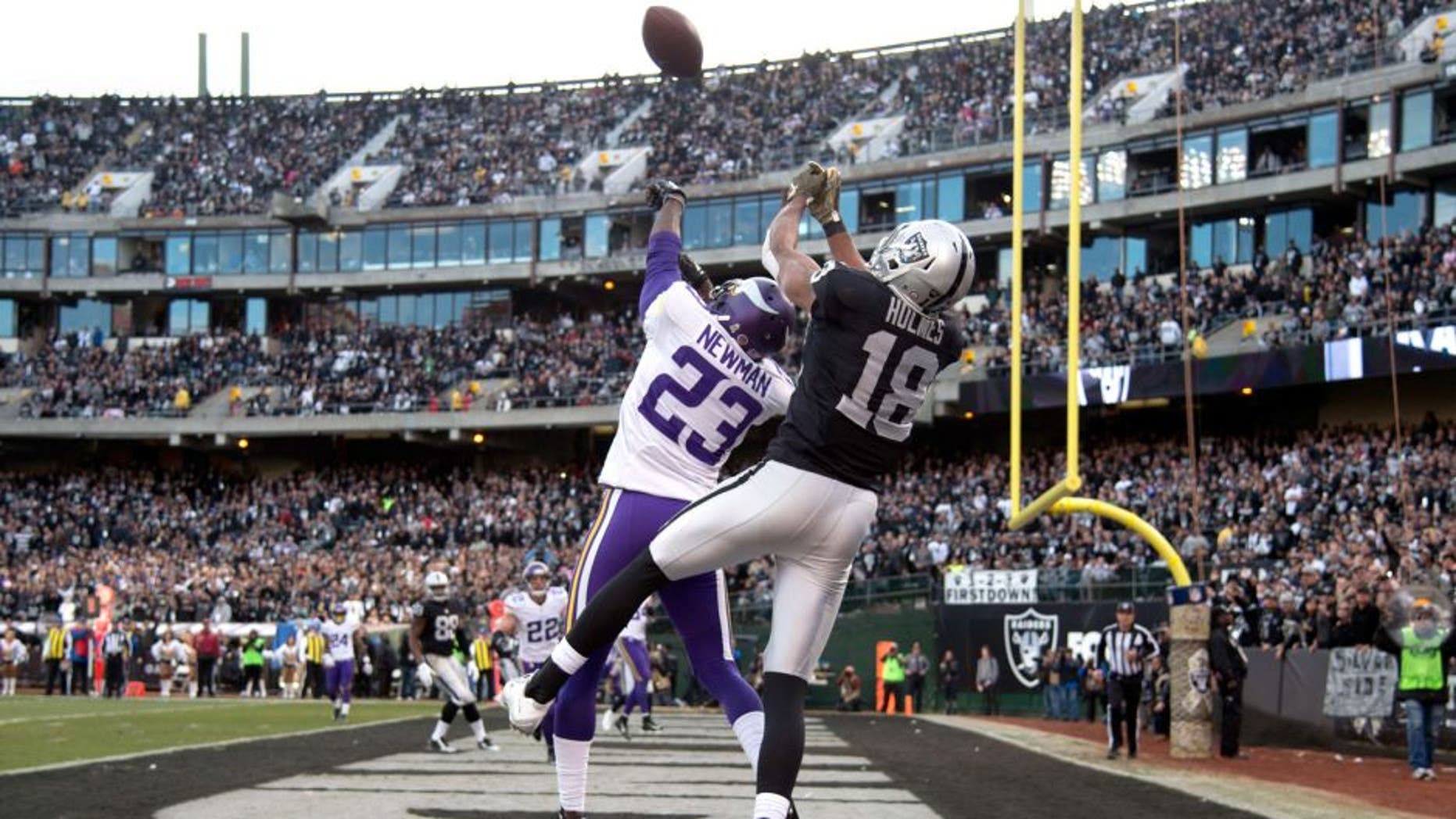 November 15, 2015; Oakland, CA, USA; Minnesota Vikings cornerback Terence Newman (23) intercepts the football intended for Oakland Raiders wide receiver Andre Holmes (18) during the fourth quarter at O.co Coliseum. The Vikings defeated the Raiders 30-14. Mandatory Credit: Kyle Terada-USA TODAY Sports