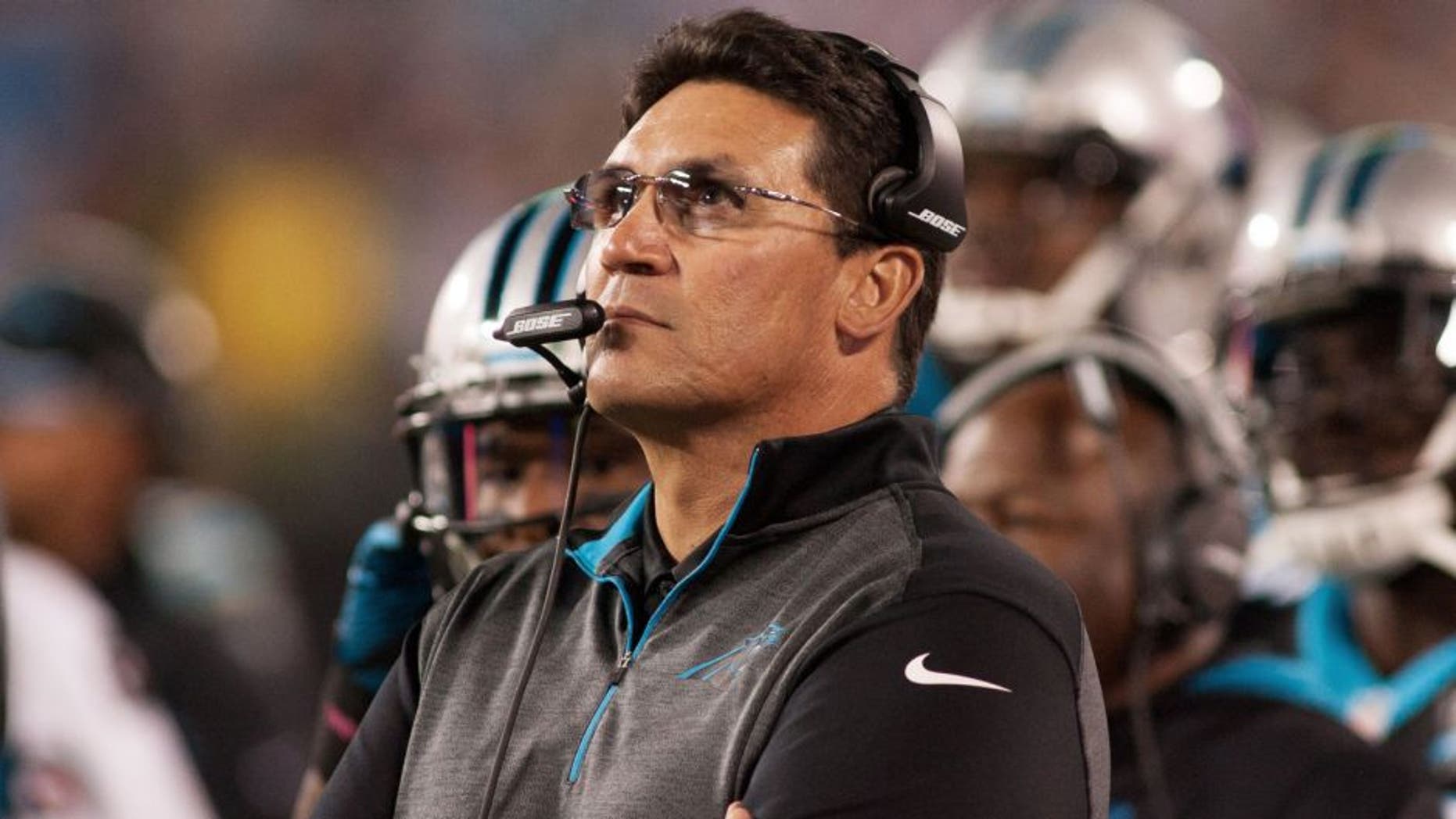 Oct 30, 2014; Charlotte, NC, USA; Carolina Panthers head coach Ron Rivera looks on during the second quarter against the New Orleans Saints at Bank of America Stadium. Mandatory Credit: Jeremy Brevard-USA TODAY Sports