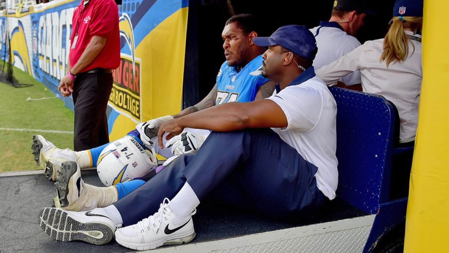 SAN DIEGO, CA - OCTOBER 25: Orlando Franklin #74 of the San Diego Chargers leaves the game aginst the Oakland Raiders at Qualcomm Stadium on October 25, 2015 in San Diego, California. (Photo by Harry How/Getty Images)