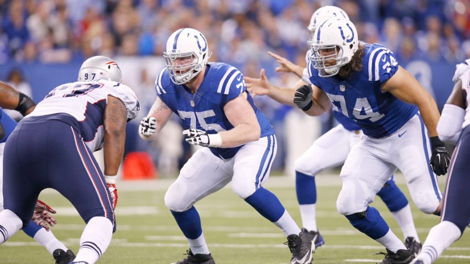 INDIANAPOLIS, IN - OCTOBER 18: Jack Mewhort #75 of the Indianapolis Colts in action during a game against the New England Patriots at Lucas Oil Stadium on October 18, 2015 in Indianapolis, Indiana. The Patriots defeated the Colts 34-27. (Photo by Joe Robbins/Getty Images)