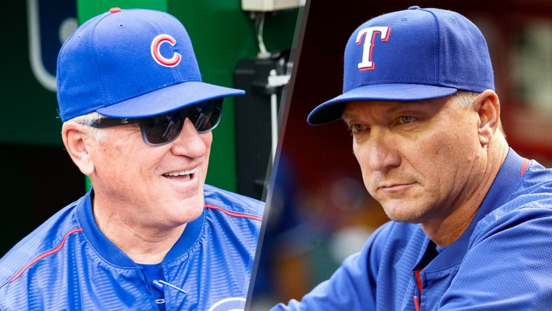 WASHINGTON, DC - JUNE 07: Manager Joe Maddon of the Chicago Cubs bats looks on during the game against the Washington Nationals at Nationals Park on June 7, 2015 in Washington, DC. (Photo by Rob Tringali/SportsChrome/Getty Images), PHOENIX, AZ - APRIL 21: Manager Jeff Banister #28 of the Texas Rangers watches from the dugout during the MLB game against the Arizona Diamondbacks at Chase Field on April 21, 2015 in Phoenix, Arizona. (Photo by Christian Petersen/Getty Images)