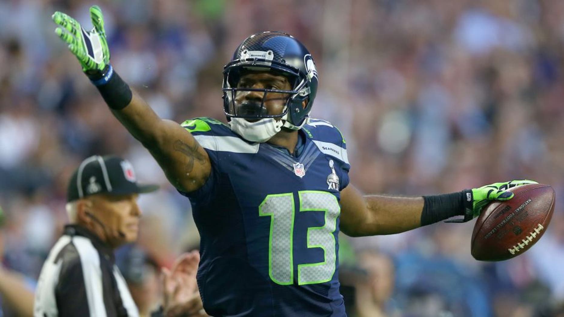GLENDALE, AZ - FEBRUARY 01: Chris Matthews #13 of the Seattle Seahawks reacts against the New England Patriots during Super Bowl XLIX at University of Phoenix Stadium on February 1, 2015 in Glendale, Arizona. (Photo by Elsa/Getty Images)