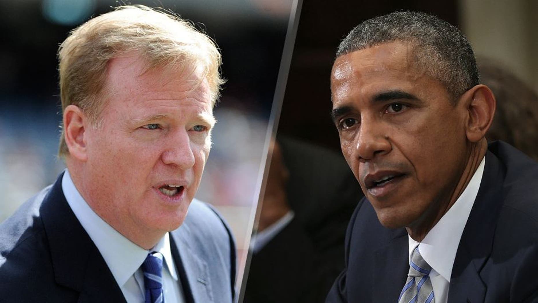 NFL Commissioner Roger Goodell on the field before the game between the Chicago Bears and the Green Bay Packers on September 13, 2015 at Soldier Field in Chicago, Illinois. (Photo by David Banks/Getty Images) U.S. President Barack Obama speaks as White House senior adviser Valerie Jarrett (L) and Philadelphia Mayor Michael Nutter (2nd L) listen during a Roosevelt Room event at the White House March 25, 2015 in Washington, DC. President Obama met with local elected officials and small business exporters on trade.. (Photo by Alex Wong/Getty Images)