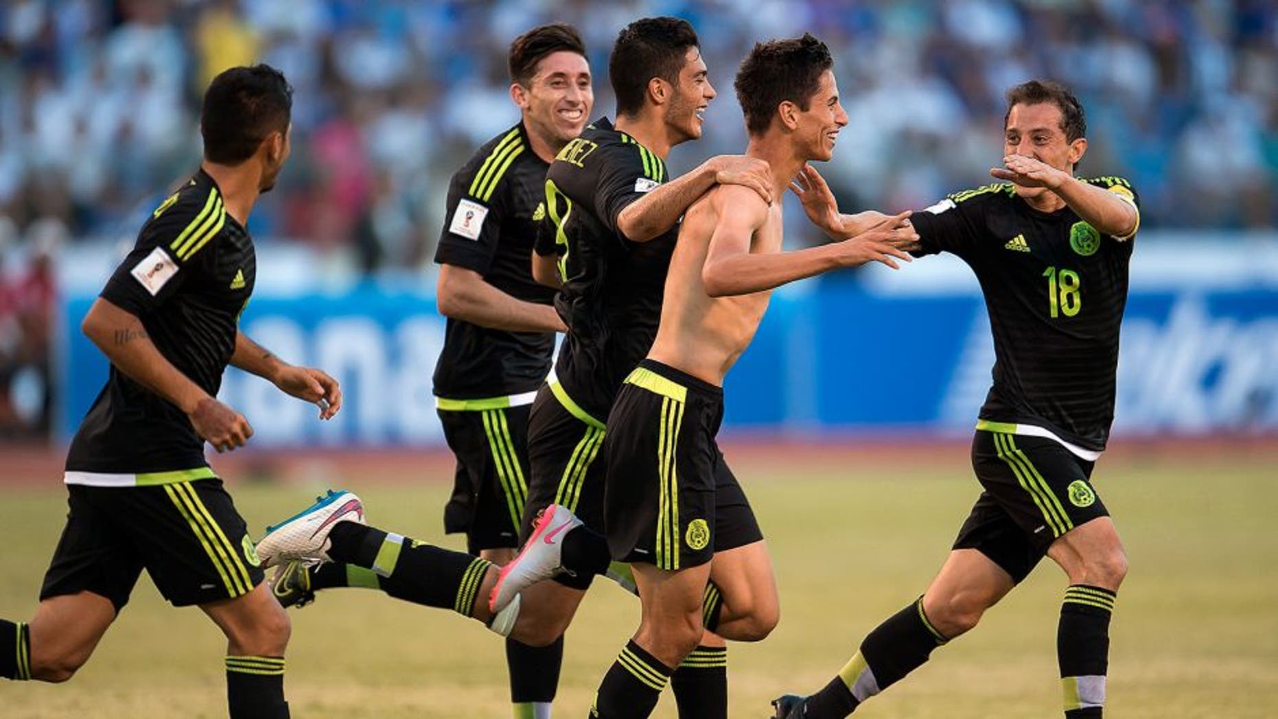 Action photo during the match Honduras vs Mexico at Olimpico Metropolitano Stadium, FIFA World Cup Russia 2018 Qualifiers, North and Central America. Foto de accion durante el Partido Honduras vs Mexico en el Estadio Olimpico Metropolitano, Partido Correspondiente a la Clasificacion CONCACAF para el Mundial de Rusia 2018, en la foto: Festejo de gol de Jurgen Damm 17/11/2015/ MEXSPORT / Osvaldo Aguilar.