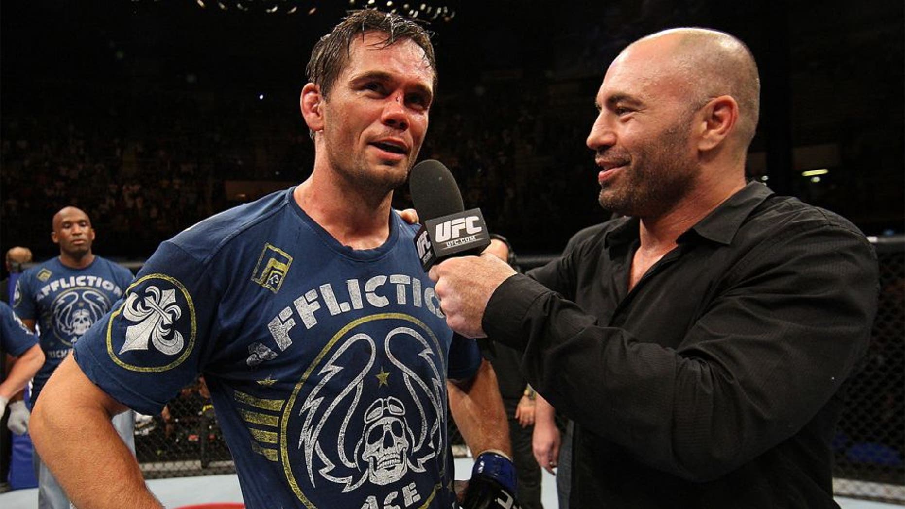 BELO HORIZONTE, BRAZIL - JUNE 23: Rich Franklin (L) is interviewed by Joe Rogan after defeating Wanderlei Silva at Estadio Jornalista Felipe Drummond on June 23, 2012 in Belo Horizonte, Brazil. (Photo by Josh Hedges/Zuffa LLC/Zuffa LLC via Getty Images)