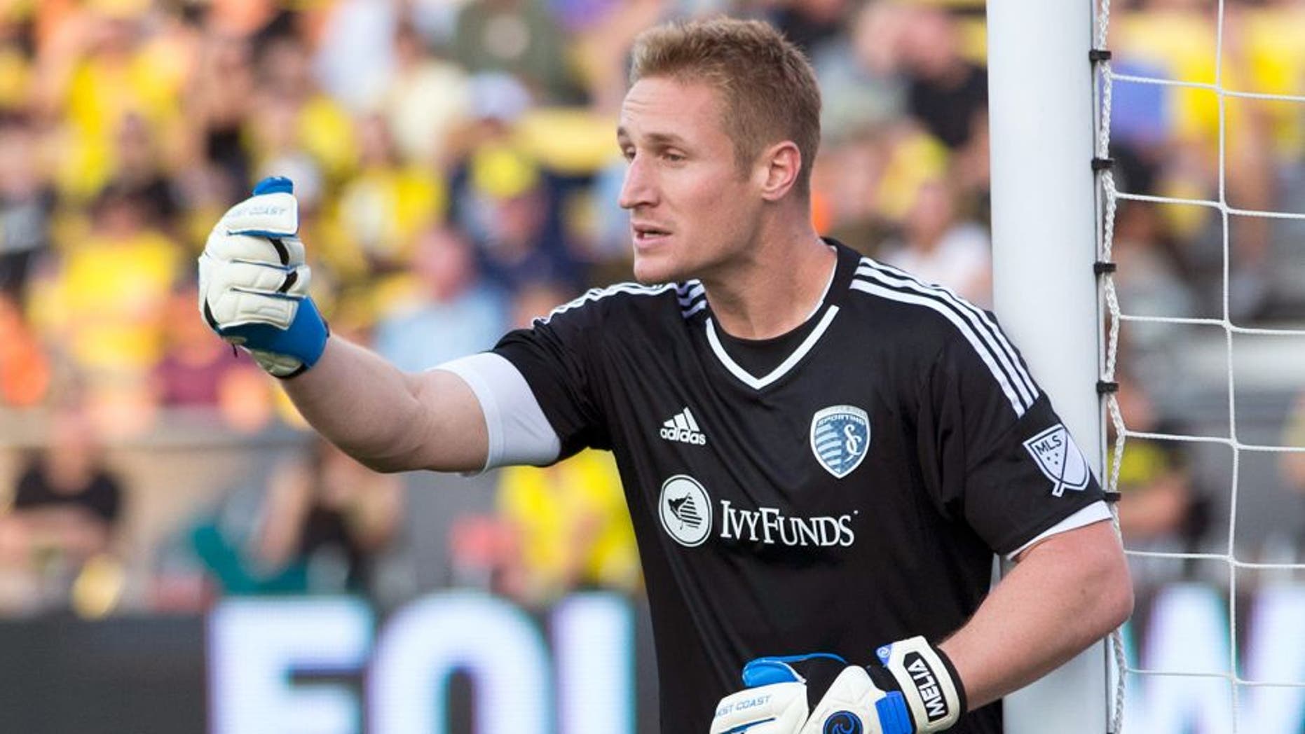 Aug 22, 2015; Columbus, OH, USA; Sporting Kansas City goalkeeper Tim Melia (29) directs his defense before a Columbus Crew SC corner kick at MAPFRE Stadium. Columbus won 3-2. Mandatory Credit: Greg Bartram-USA TODAY Sports