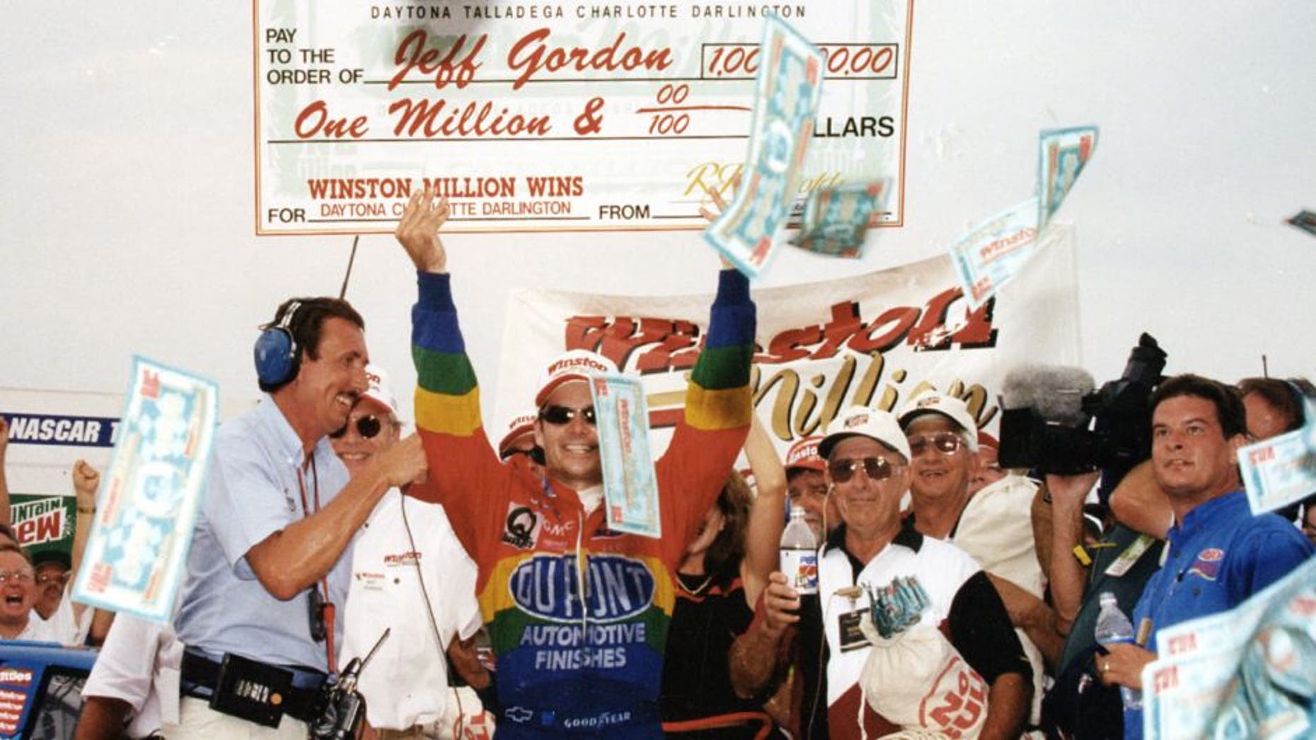 DARLINGTON, SC - AUGUST 31, 1997: Jeff Gordon wins the Winston Million for wins at Daytona, Charlotte, and Darlington in the NASCAR Cup Series. (Photo by ISC Archives via Getty Images)