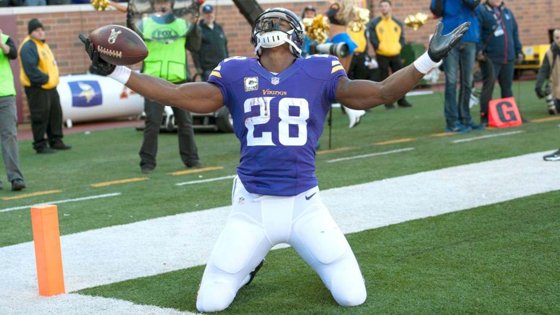 Adrian Peterson #28 of the Minnesota Vikings celebrates a touchdown during an NFL game against the St. Louis Rams at TCF Bank Stadium November 8, 2015 in Minneapolis, Minnesota. (Photo by Tom Dahlin/Getty Images)