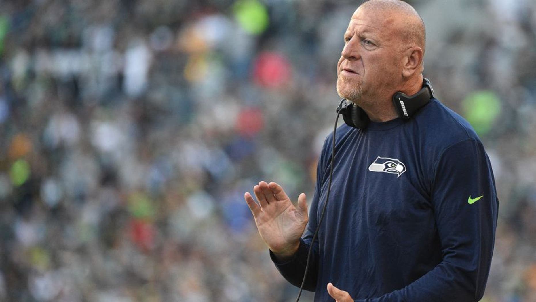 Sep 4, 2014; Seattle, WA, USA; Seattle Seahawks offensive line & assistant head coach Tom Cable during the second quarter against the Green Bay Packers at CenturyLink Field. The Seahawks defeated the Packers 36-16. Mandatory Credit: Kyle Terada-USA TODAY Sports