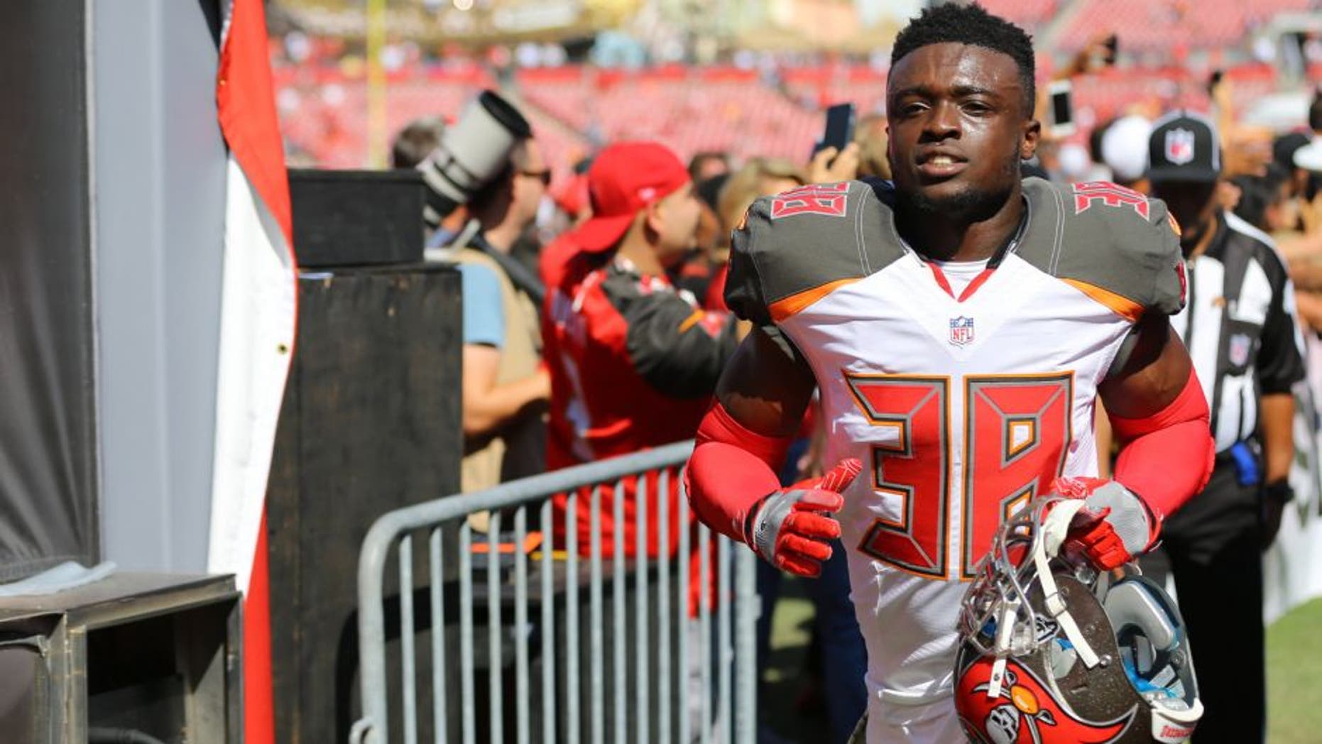 Nov 13, 2016; Tampa, FL, USA; Tampa Bay Buccaneers cornerback Jude Adjei-Barimah (38) against the Chicago Bears at Raymond James Stadium. The Buccaneers won 36-10. Mandatory Credit: Aaron Doster-USA TODAY Sports