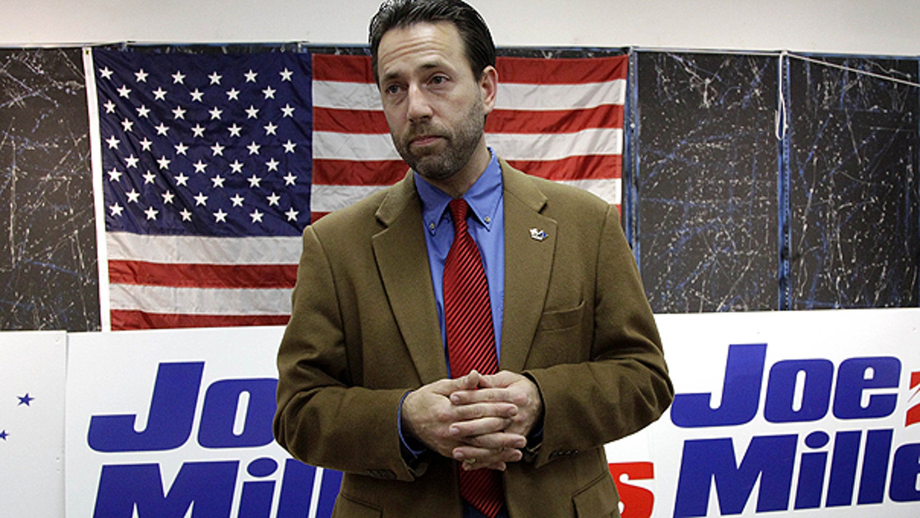 In this Nov. 9, 2010 file photo, Republican Joe Miller speaks with reporters during a news conference in Juneau, Alaska.