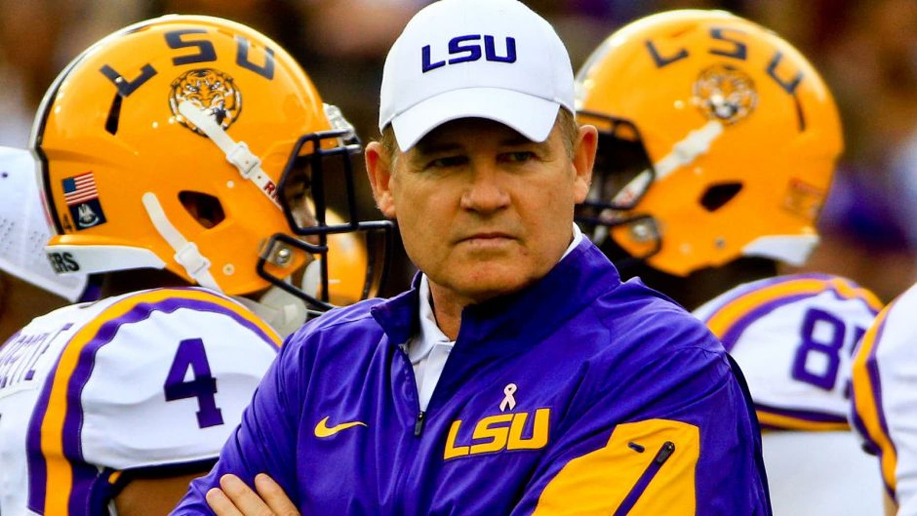 Oct 24, 2015; Baton Rouge, LA, USA; LSU Tigers head coach Les Miles against the Western Kentucky Hilltoppers during the second quarter of a game at Tiger Stadium. Mandatory Credit: Derick E. Hingle-USA TODAY Sports