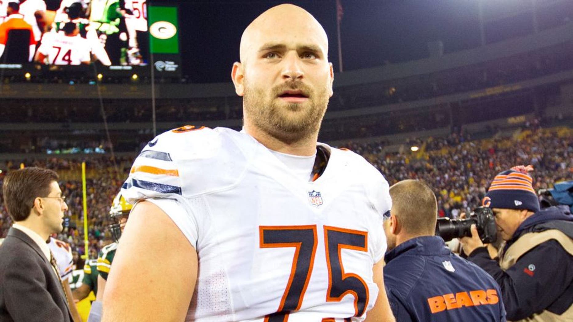 Nov 4, 2013; Green Bay, WI, USA; Chicago Bears guard Kyle Long (75) following the game against the Green Bay Packers at Lambeau Field. Chicago won 27-20. Mandatory Credit: Jeff Hanisch-USA TODAY Sports