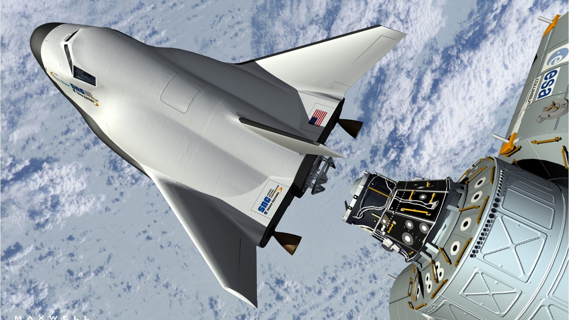 This artist's rendering provided by Sierra Nevada Space Systems shows the company's Dream Chaser spacecraft docking with the International Space Station.