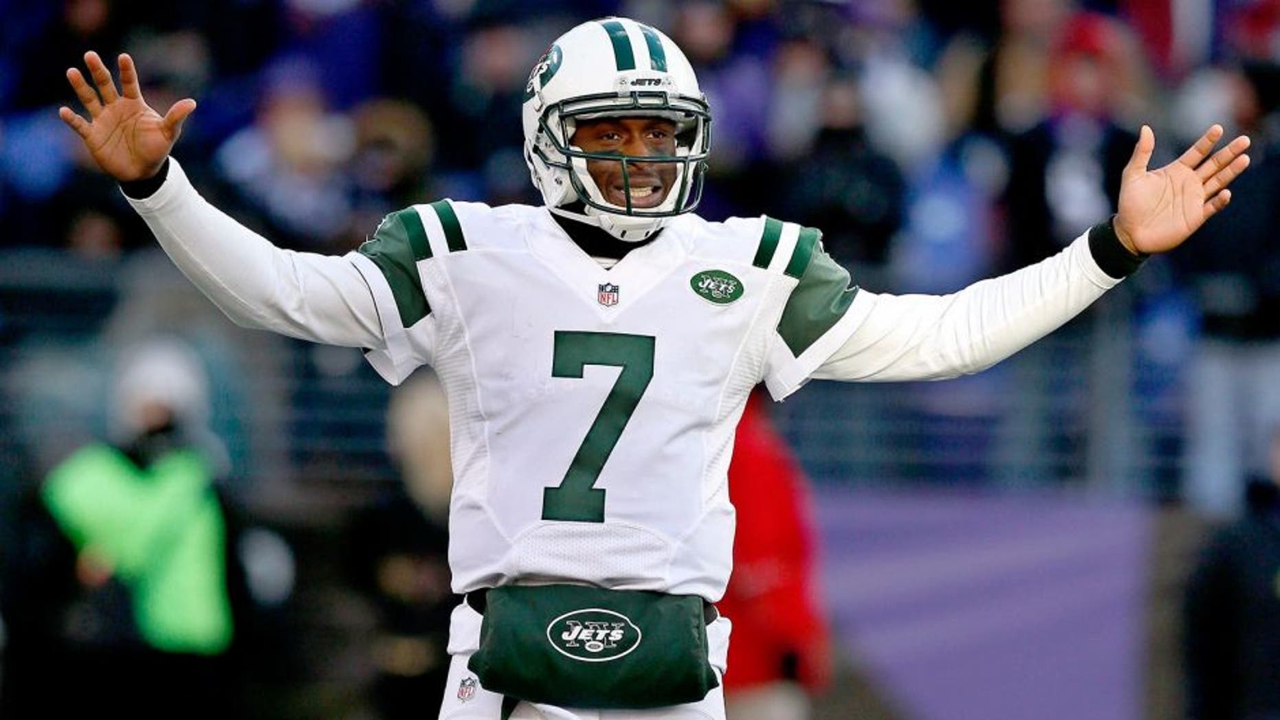 Nov 24, 2013; Baltimore, MD, USA; New York Jets quarterback Geno Smith (7) reacts in the fourth quarter against the Baltimore Ravens at M&T Bank Stadium. Mandatory Credit: Mitch Stringer-USA TODAY Sports