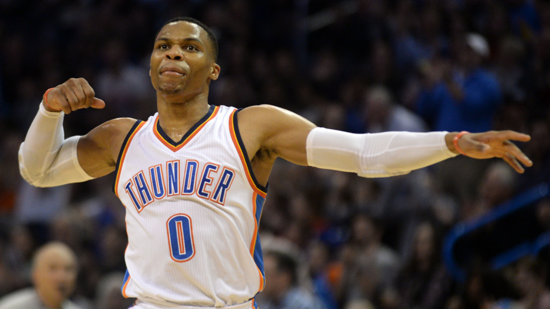 Nov 26, 2016; Oklahoma City, OK, USA; Oklahoma City Thunder guard Russell Westbrook (0) reacts after a play against the Detroit Pistons during the second quarter at Chesapeake Energy Arena. Mandatory Credit: Mark D. Smith-USA TODAY Sports