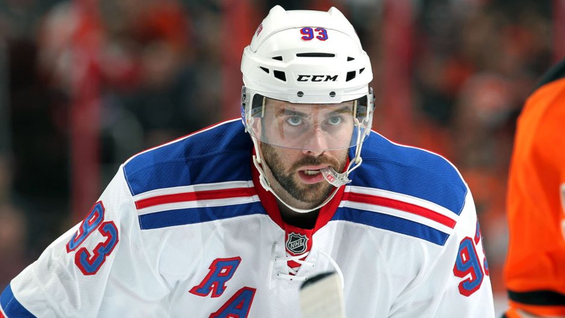 PHILADELPHIA, PA - OCTOBER 24: Keith Yandle #93 of New York Rangers looks on against the Philadelphia Flyers on October 24, 2015 at the Wells Fargo Center in Philadelphia, Pennsylvania. (Photo by Len Redkoles/NHLI via Getty Images)