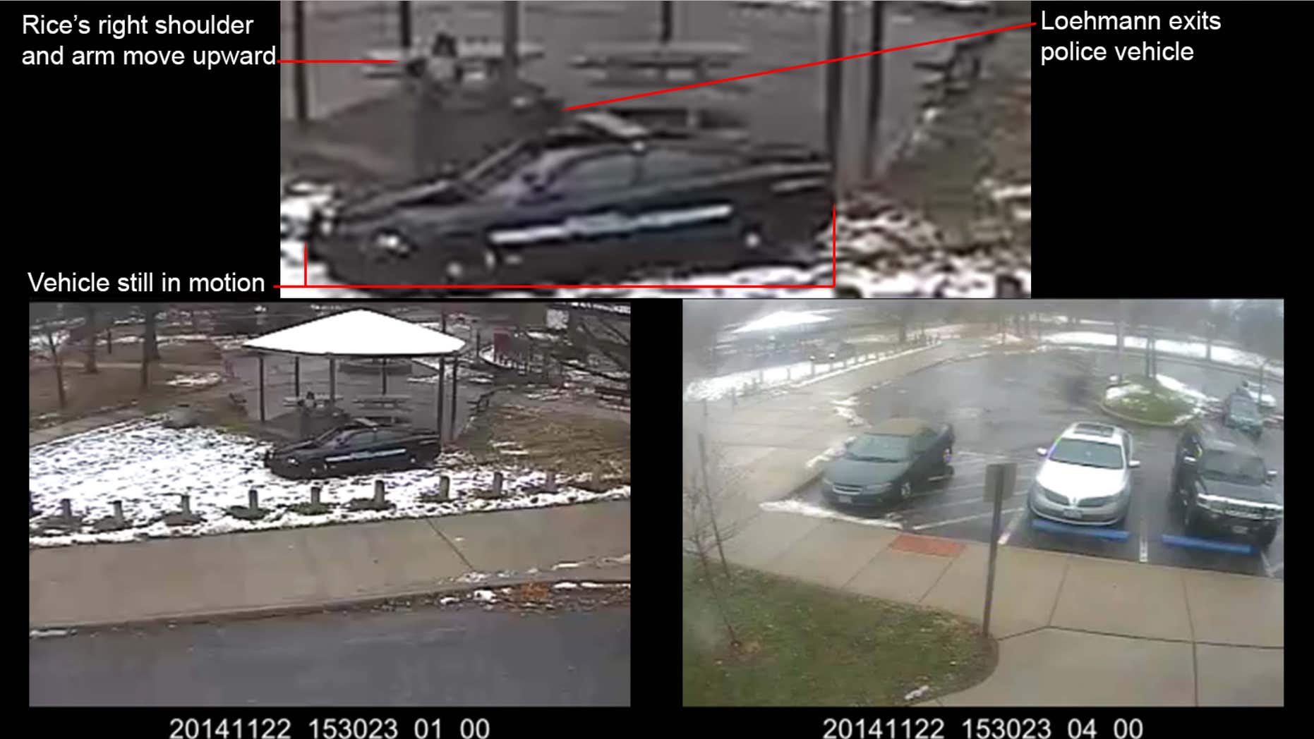 This combination of still images taken from a surveillance video and released Saturday, Nov. 28, 2015, by the Cuyahoga County Prosecutor's Office, shows Cleveland police officers arriving at Cudell Park on a report of a man with a gun.