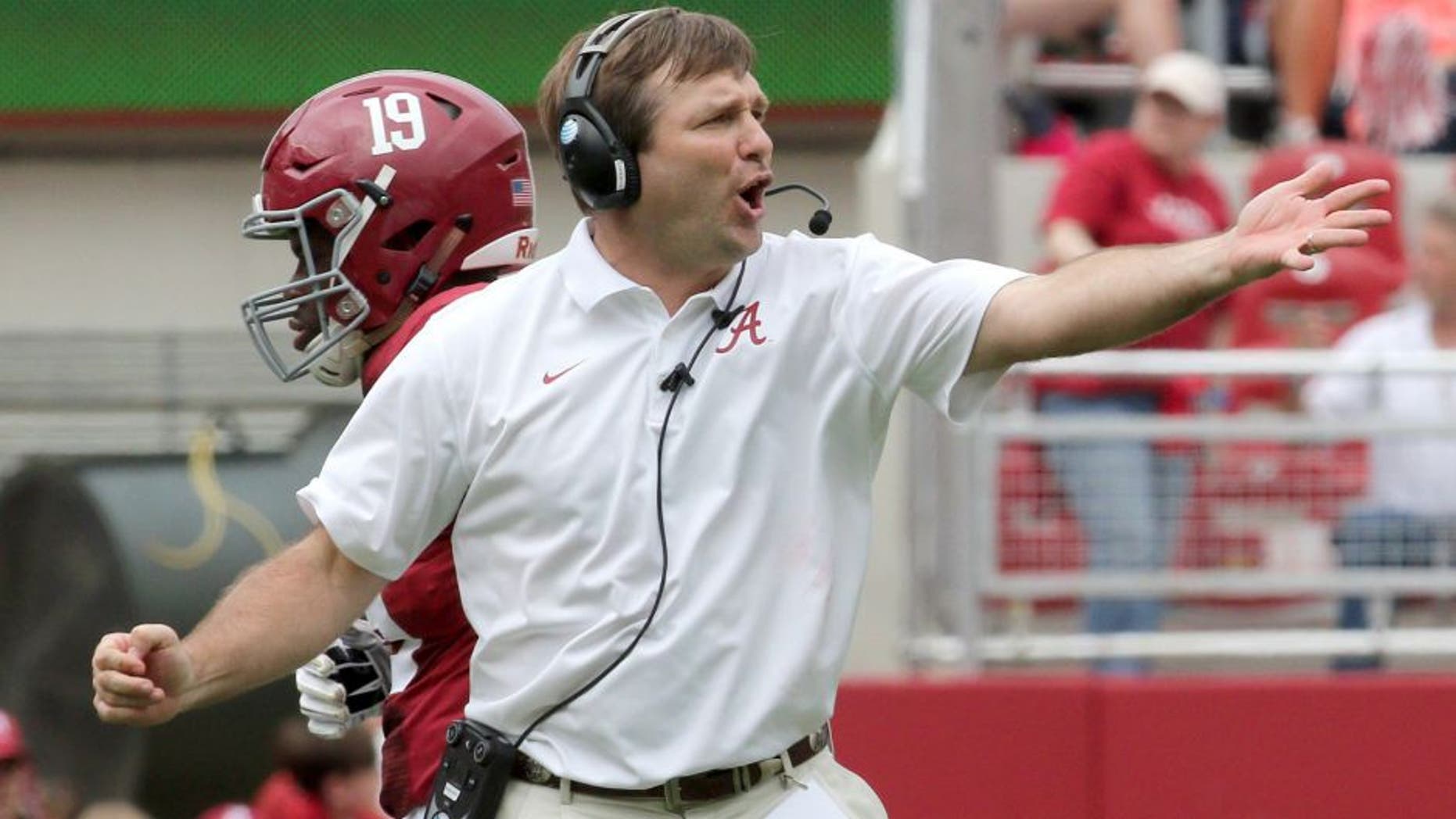 Apr 18, 2015; Tuscaloosa, AL, USA; Alabama Crimson Tide defensive coordinator and linebackers coach Kirby Smart during the A-day game at Bryant Denny Stadium. Mandatory Credit: Marvin Gentry-USA TODAY Sports