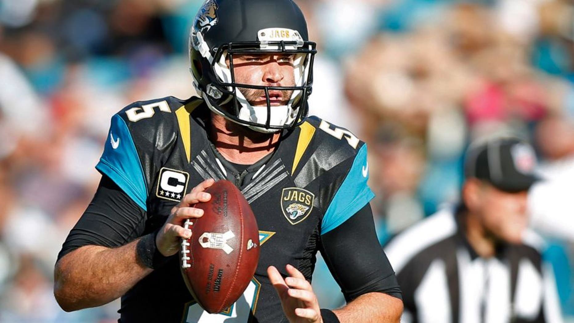 Nov 29, 2015; Jacksonville, FL, USA; Jacksonville Jaguars quarterback Blake Bortles (5) rolls out to pass against the San Diego Chargers in the fourth quarter at EverBank Field. The Chargers won 31-25. Mandatory Credit: Jim Steve-USA TODAY Sports