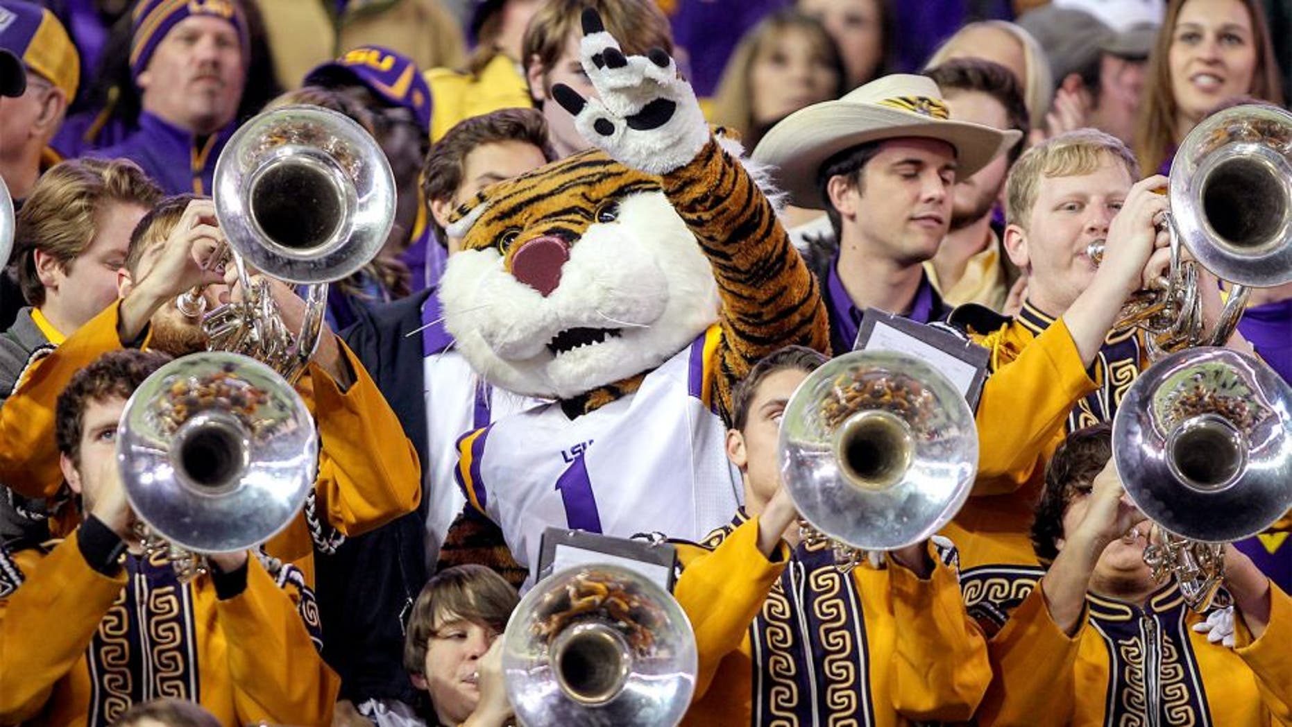Nov 27, 2014; College Station, TX, USA; LSU Tigers mascot Mike the Tiger and the band perform during the game against the Texas A&M Aggies at Kyle Field. Mandatory Credit: Troy Taormina-USA TODAY Sports