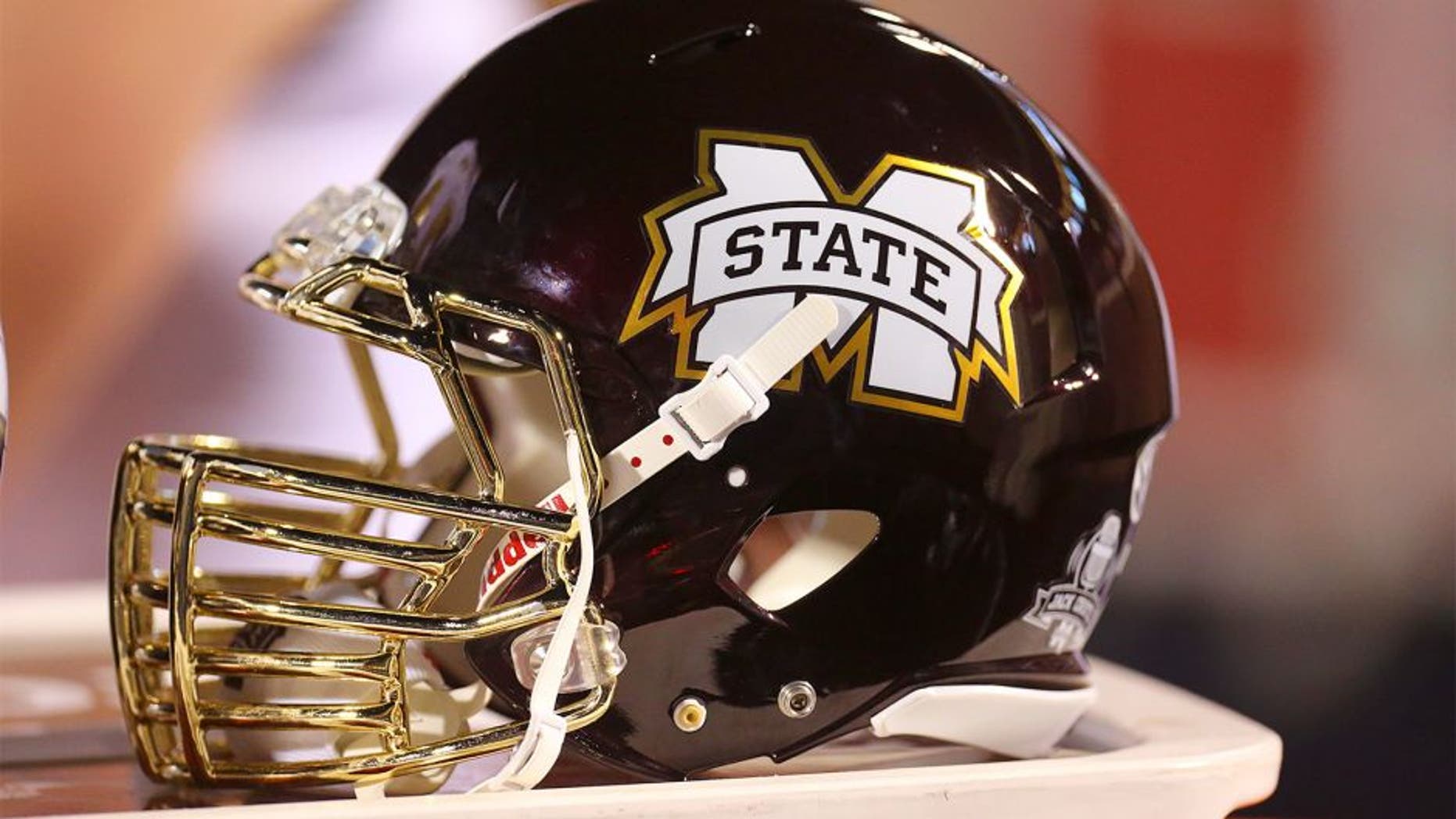 Nov 29, 2014; Oxford, MS, USA; A Mississippi State Bulldogs helmet rest on the sidelines against the Mississippi Rebels at Vaught-Hemingway Stadium. The Rebels won 31-17. Mandatory Credit: Spruce Derden-USA TODAY Sports