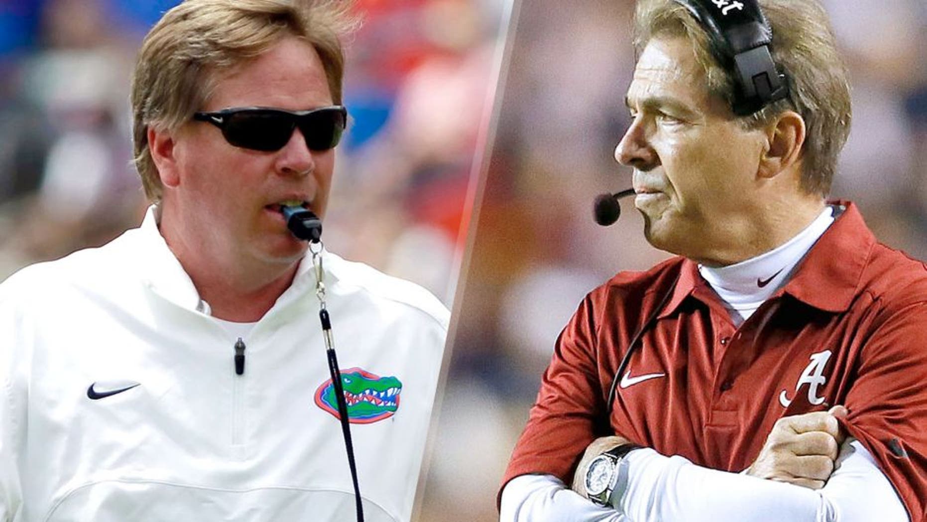 Apr 11, 2015; Gainesville, FL, USA; Florida Gators head coach Jim McElwain during the first half at the Orange and Blue Debut at Ben Hill Griffin Stadium. Mandatory Credit: Kim Klement-USA TODAY Sports, Alabama coach Nick Saban (Kevin C. Cox/Getty Images)