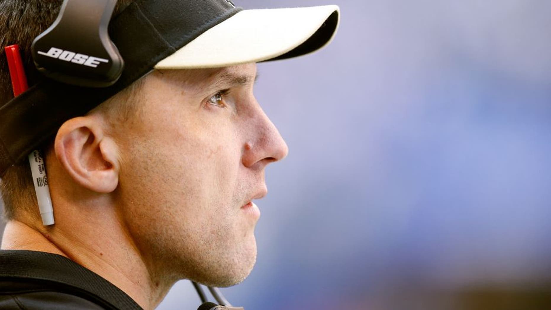 INDIANAPOLIS, IN - OCTOBER 25: Senior defensive assistant Dennis Allen of the New Orleans Saints looks on against the Indianapolis Colts during a game at Lucas Oil Stadium on October 25, 2015 in Indianapolis, Indiana. The Saints defeated the Colts 27-21. (Photo by Joe Robbins/Getty Images)