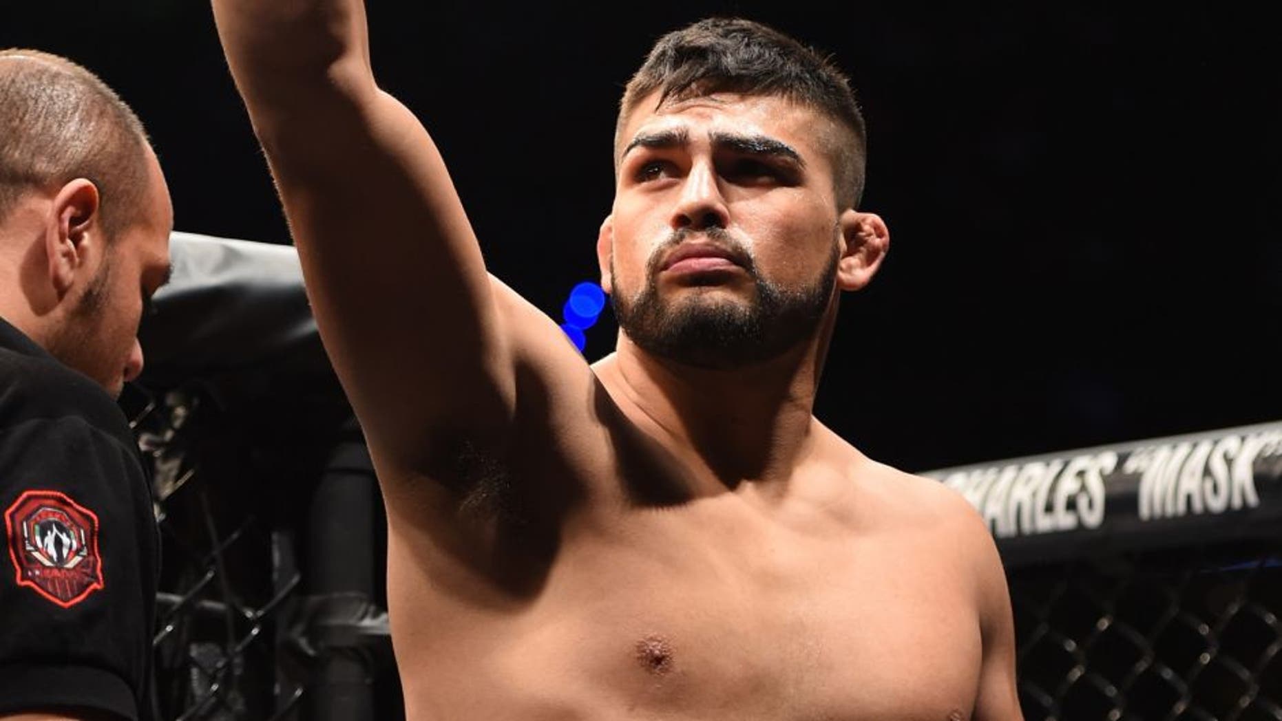 MEXICO CITY, MEXICO - JUNE 13: Kelvin Gastelum of the United States enters the Octagon before facing Nate Marquardt of the United States in their middleweight bout during the UFC 188 event at the Arena Ciudad de Mexico on June 13, 2015 in Mexico City, Mexico. (Photo by Josh Hedges/Zuffa LLC/Zuffa LLC via Getty Images)