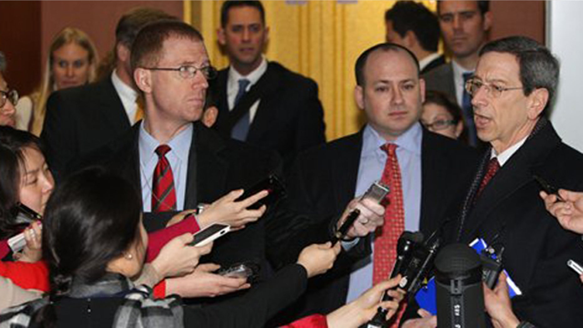 January 17, 2012: Robert Einhorn, U.S. State Department's special adviser for nonproliferation and arms control, right, talks to the media after meeting with South Korean Deputy Foreign Minister Kim Jae-shin at the Foreign Ministry in Seoul, South Korea.