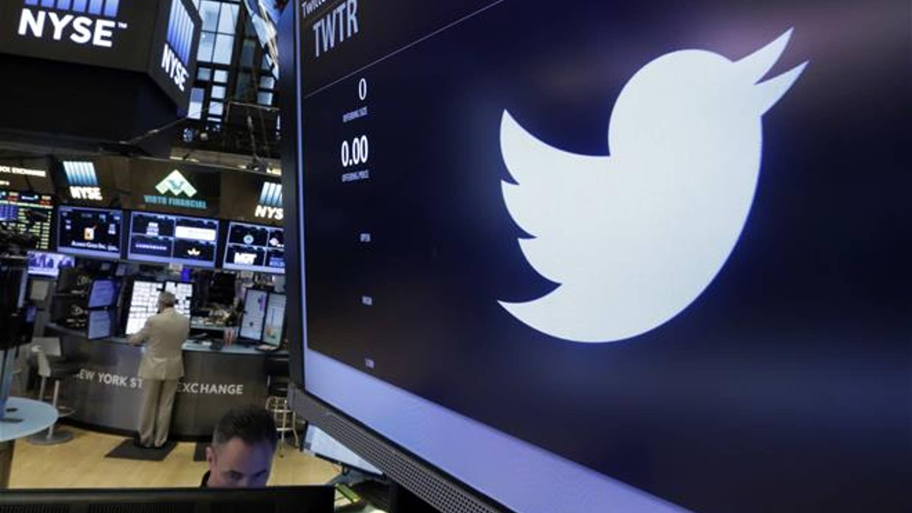 The Twitter logo appears at the post where it trades on the floor of the New York Stock Exchange.
