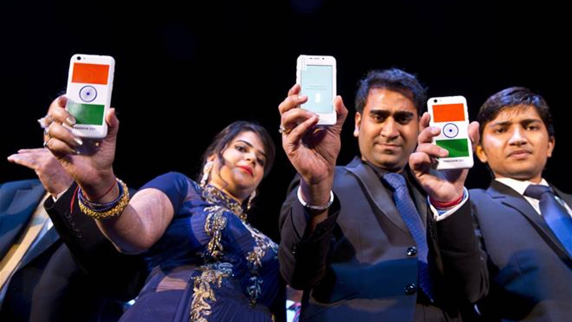 A Freedom 251 smartphone is shown during its release by officials of Ringing Bells Pvt. Ltd. in New Delhi, India.
