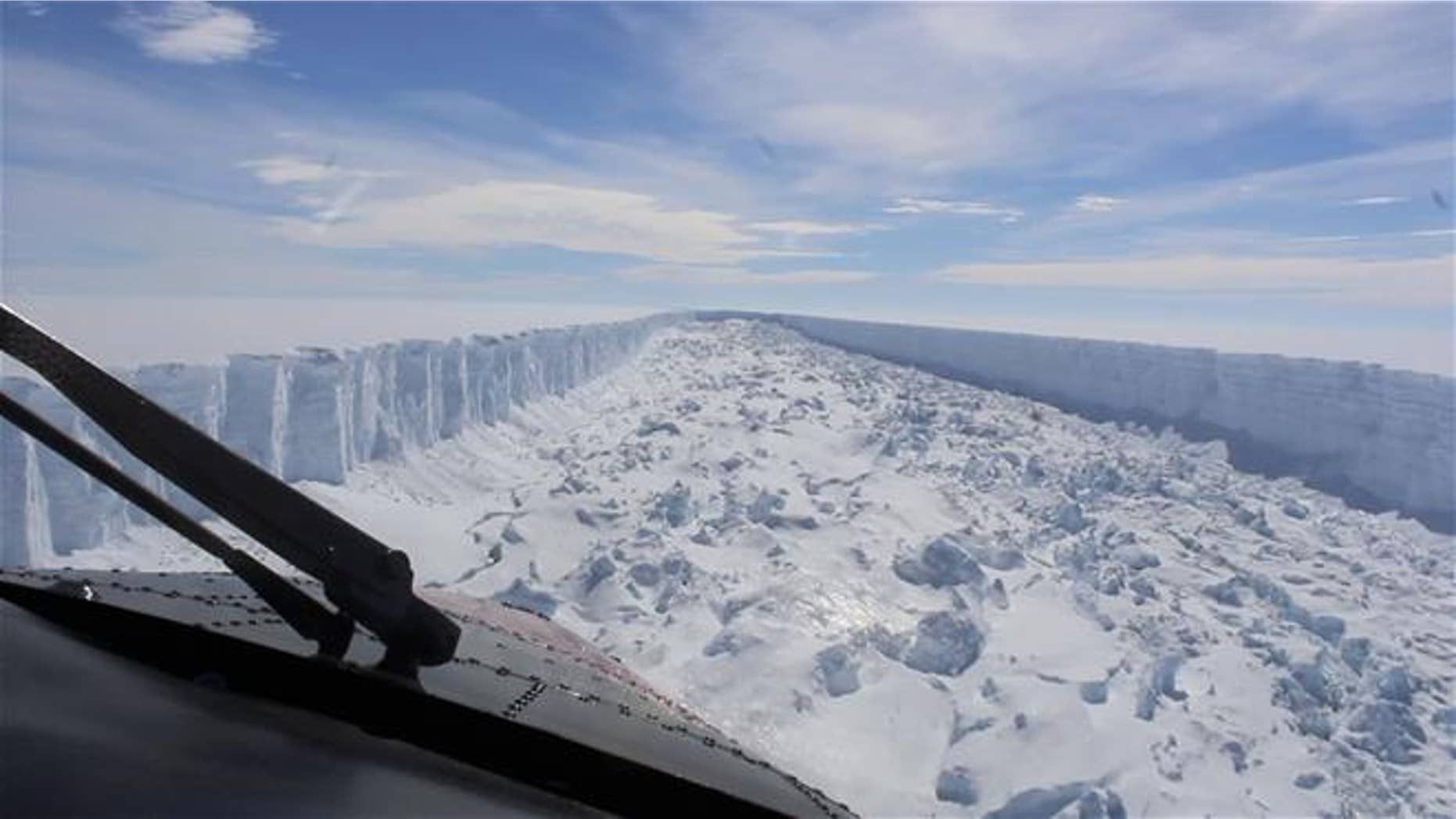 This February 2017 frame from video provided by the British Antarctic Survey shows the Larsen C ice shelf in Antarctica. A vast iceberg with twice the volume of Lake Erie broke off from the ice shelf in July.