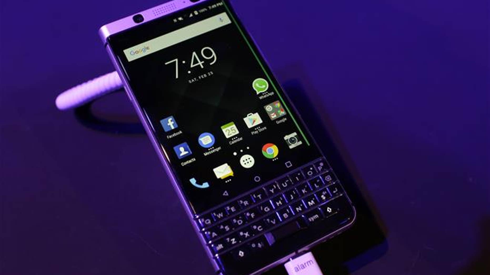 The BlackBerry KEYone is displayed before the Mobile World Congress in Barcelona, Spain, on Feb. 25, 2017.
