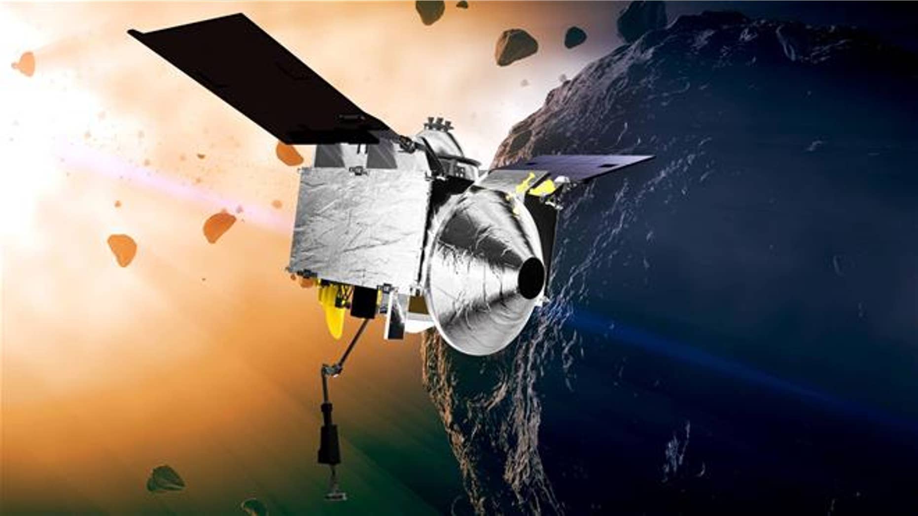 This illustration provided by NASA depicts the OSIRIS-REx spacecraft at the asteroid Bennu.
