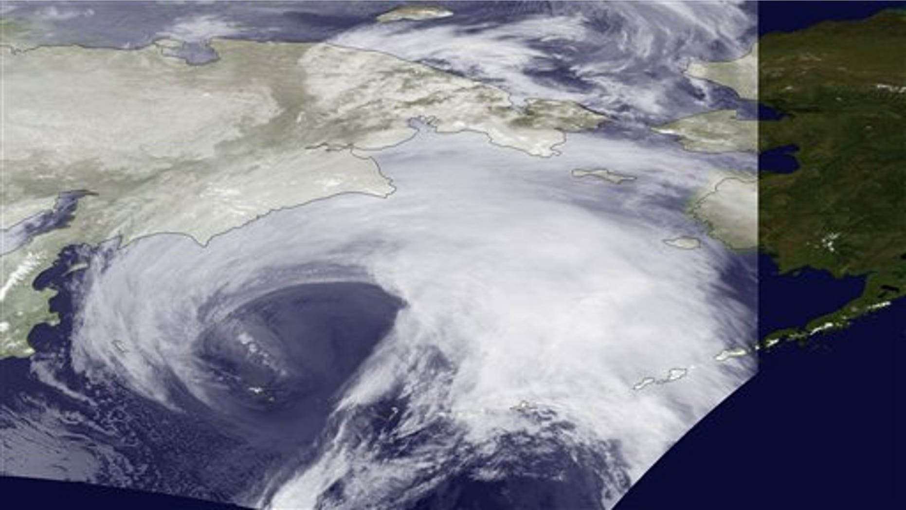 November 9, 2011: This image provided by the NOAA-19 satellite's AVHRR sensor, shows the storm bearing down on Alaska in this infrared imagery.