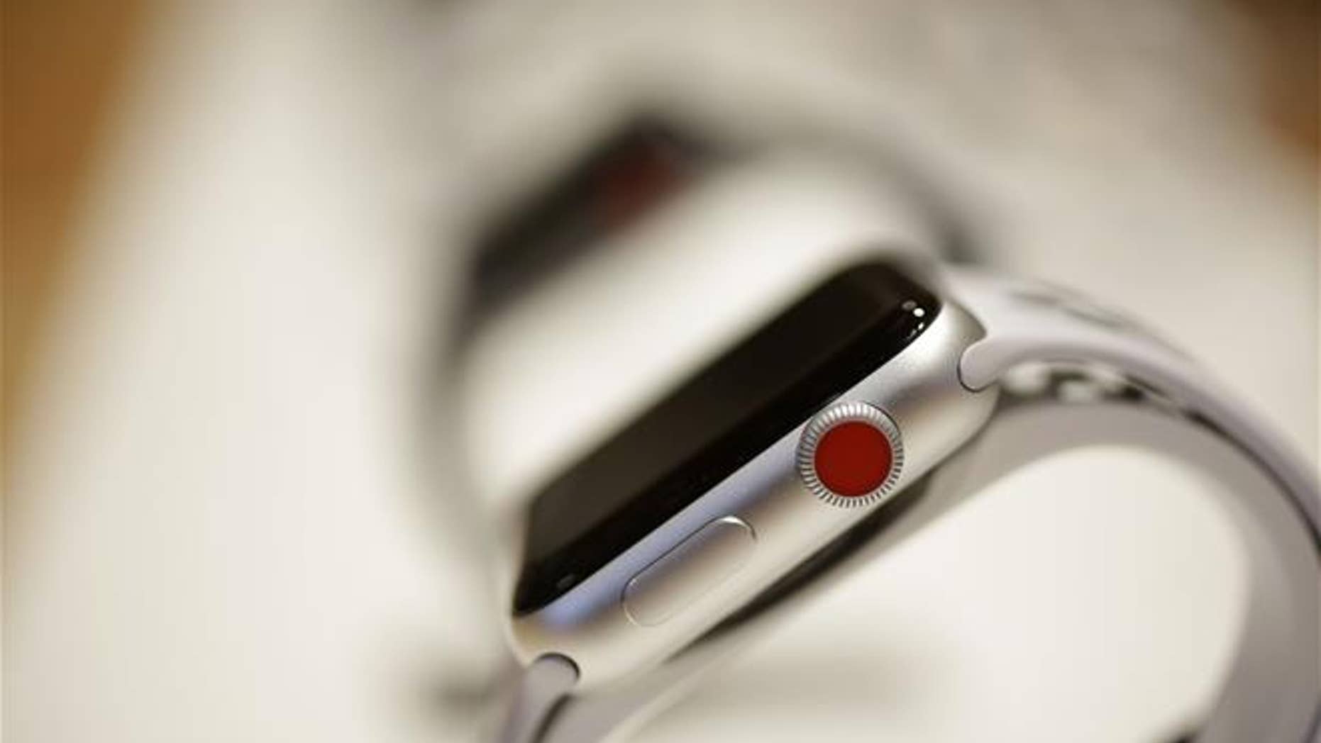 An Apple Watch sits on display during an Apple event on March 27, 2018, in Chicago.