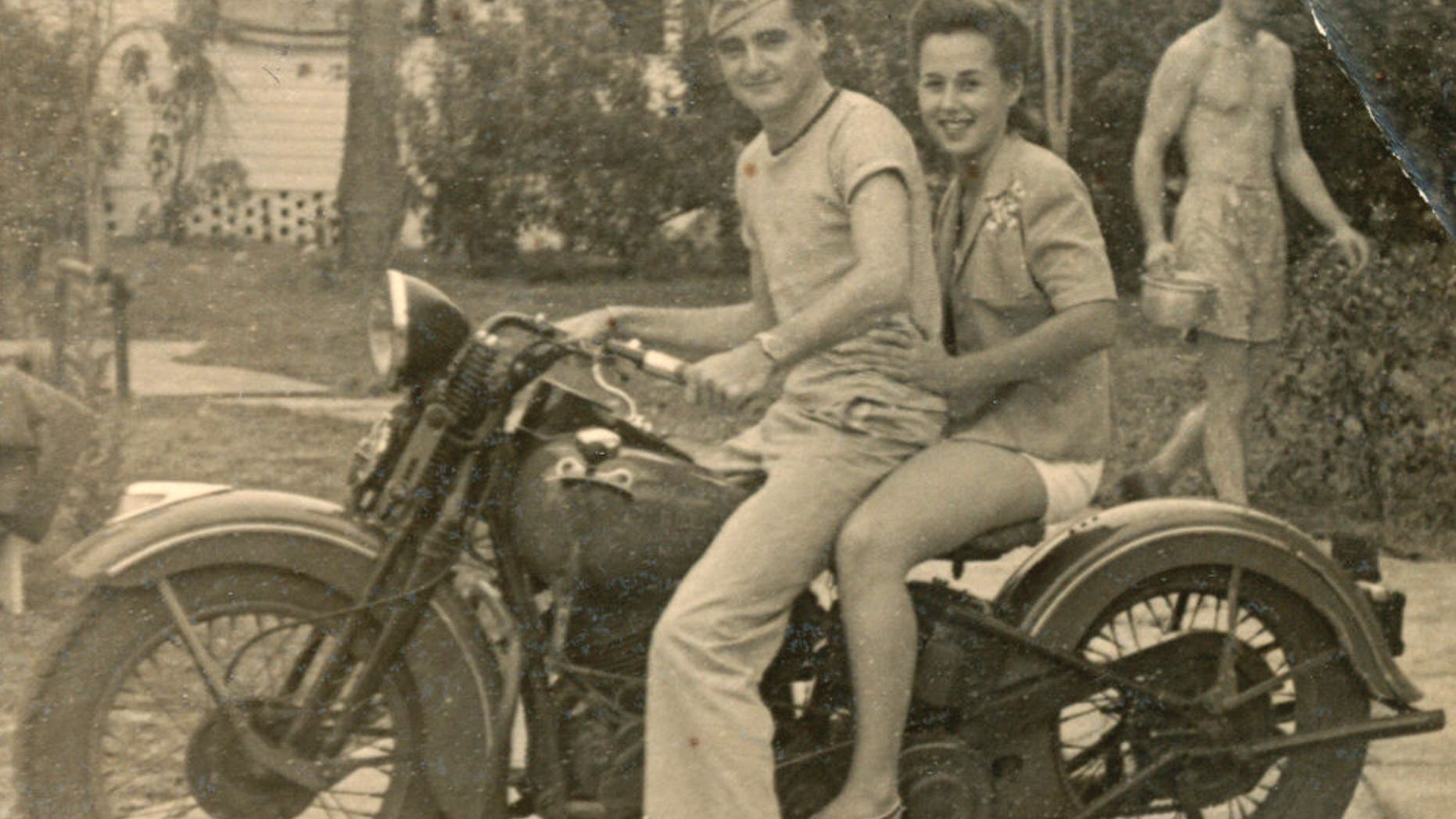 George and his wife, Betty Jo on his Harley Davidson after he got back home from the war and married her in 1946