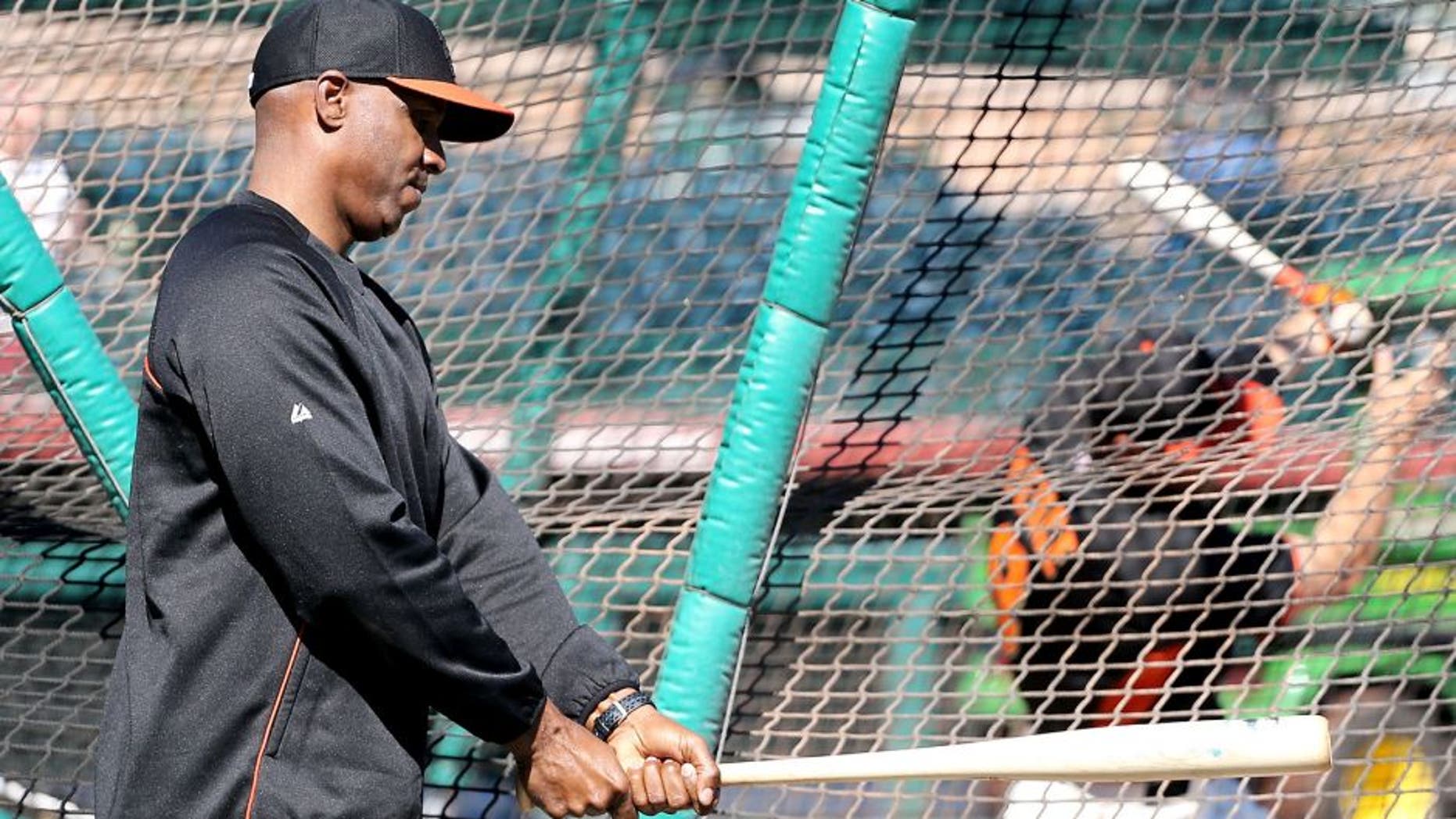 SCOTTSDALE, AZ - MARCH 10: Barry Bonds of the San Francisco Giants who was brought on as a special hitting coach for one week of Spring Training picks up a bat during batting practice at Scottsdale Stadium on March 10, 2014 in Scottsdale, Arizona. (Photo by Christian Petersen/Getty Images)