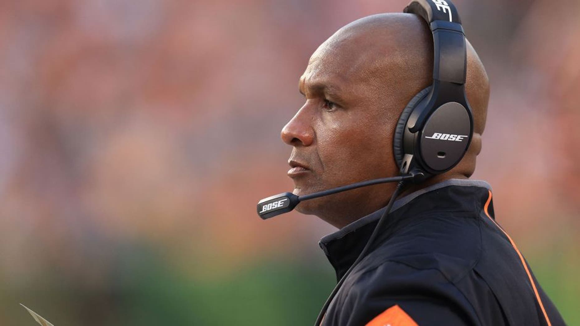 Aug 14, 2015; Cincinnati, OH, USA; Cincinnati Bengals offensive coordinator Hue Jackson in a preseason NFL football game against the New York Giants at Paul Brown Stadium. Mandatory Credit: Andrew Weber-USA TODAY Sports