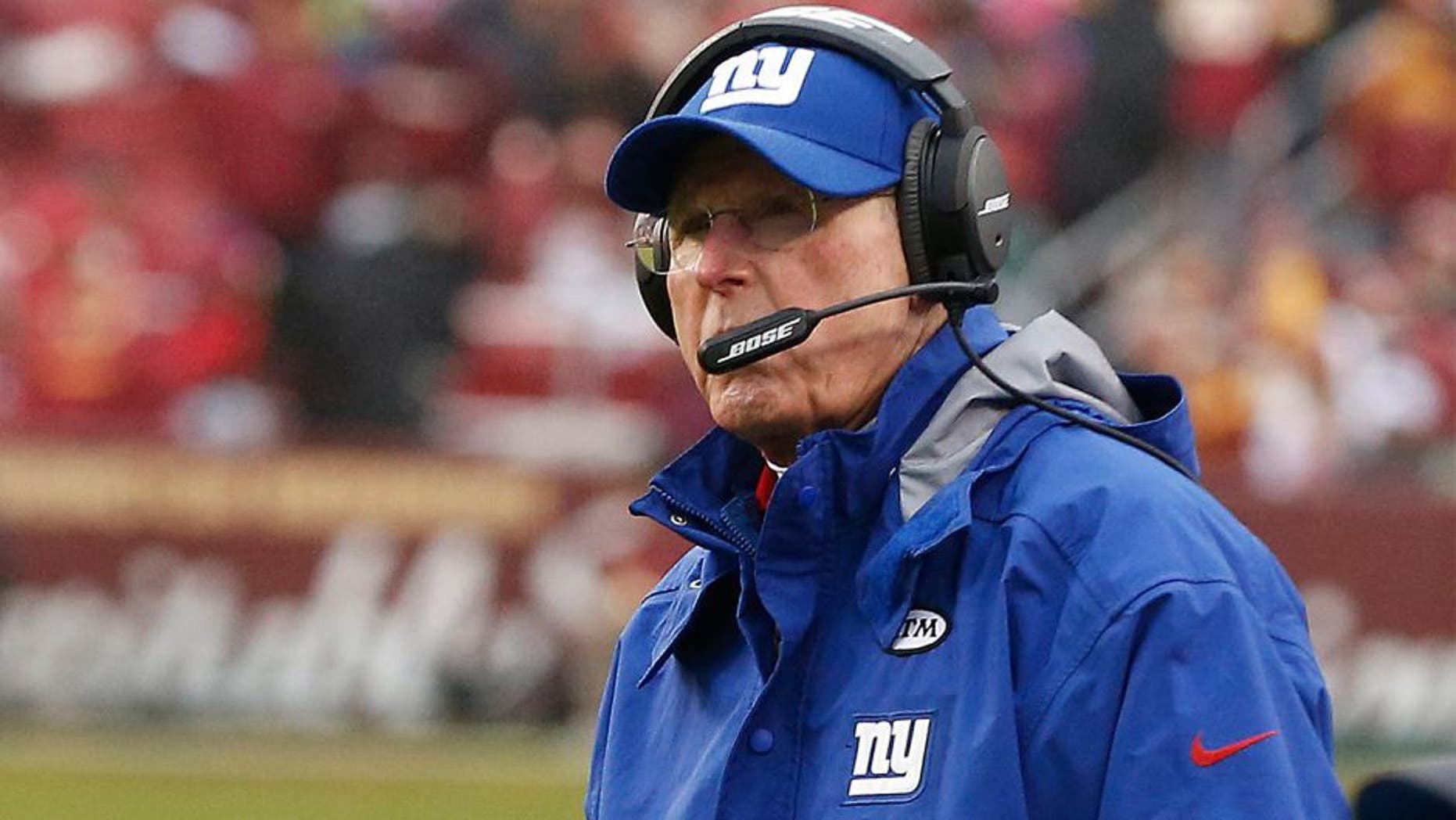 Nov 29, 2015; Landover, MD, USA; New York Giants head coach Tom Coughlin looks on from the sidelines against the Washington Redskins in the second quarter at FedEx Field. The Redskins won 20-14. Mandatory Credit: Geoff Burke-USA TODAY Sports