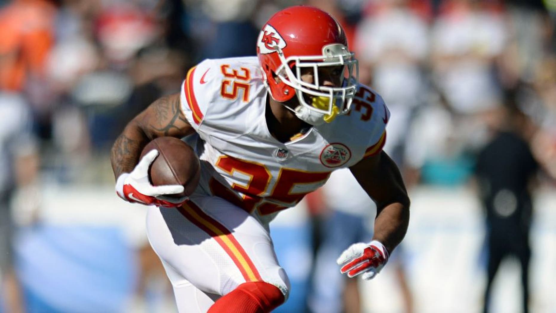 Nov 22, 2015; San Diego, CA, USA; Kansas City Chiefs running back Charcandrick West (35) runs the ball during the first quarter against the San Diego Chargers at Qualcomm Stadium. Mandatory Credit: Jake Roth-USA TODAY Sports