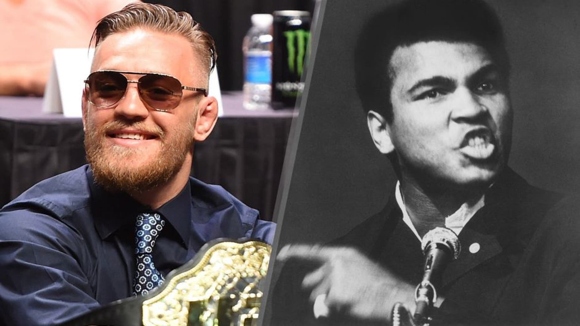 UFC interim featherweight champion Conor McGregor looks on during the UFC's Go Big launch event inside MGM Grand Garden Arena on September 4, 2015 in Las Vegas, Nevada. (Photo by Jeff Bottari/Zuffa LLC/Zuffa LLC via Getty Images) World Heavyweight Champion boxer, Muhammad Ali addressing an audience at the New Victoria Theatre in London. (Photo by Tim Graham/Evening Standard/Getty Images)