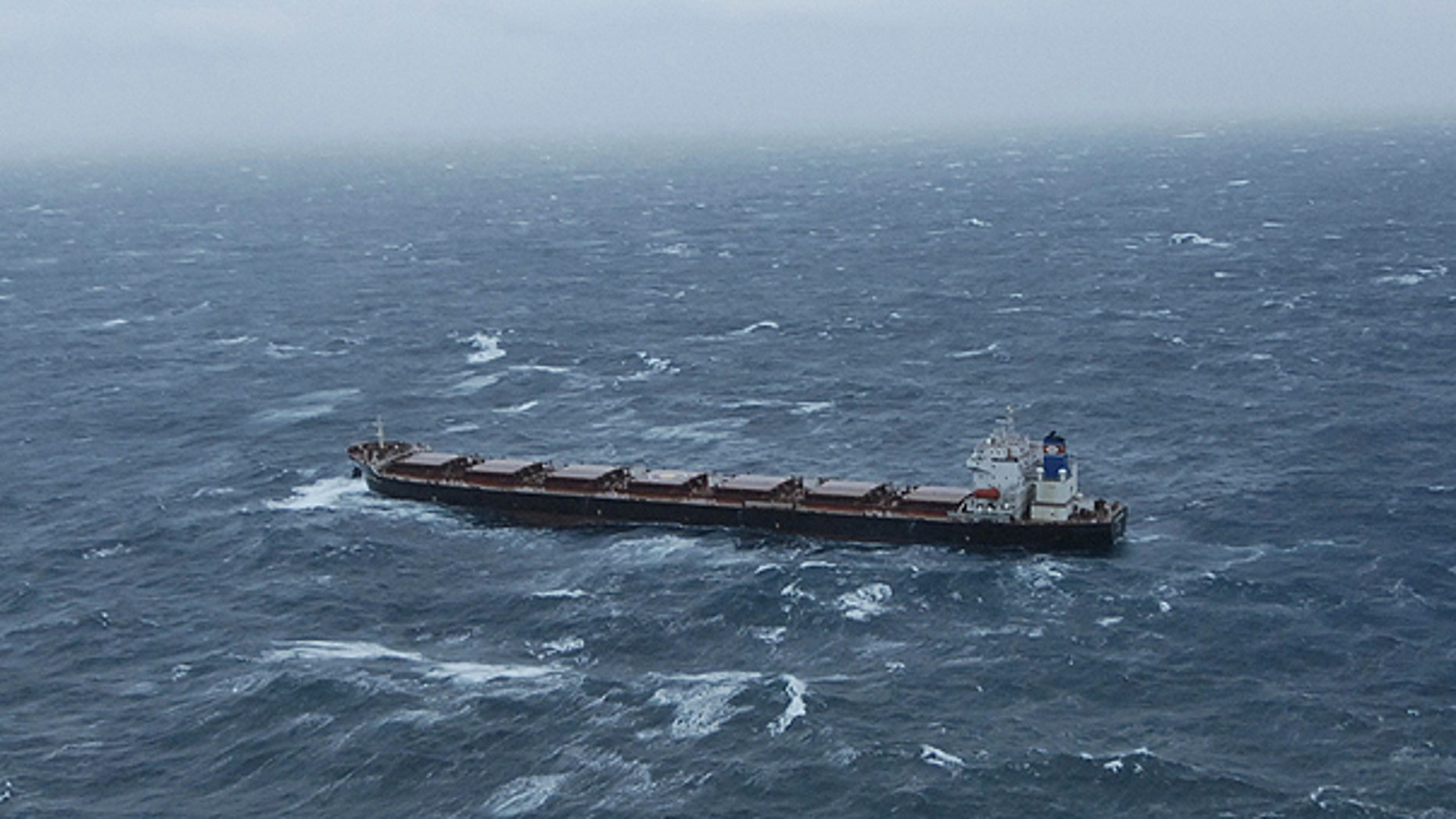 Dec. 3: This image provided by the U.S. Coast Guard shows the 738-foot tanker Golden Seas making 3.5 mph through 20-foot seas north of Adak Island Alaska.